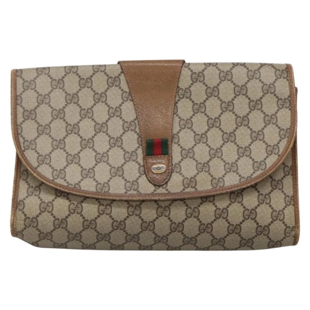 GUCCI GG Supreme Web Sherry Line Clutch Bag PVC Beige Gold 89 01 031 Auth 139970 - Picture 2 of 15